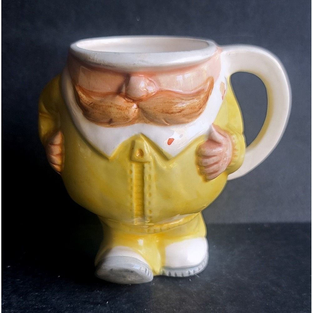 Mustache Man Fathers Day Son Boyfriend Ceramic Mug Yellow Jumpsuit VTG Giftcraft